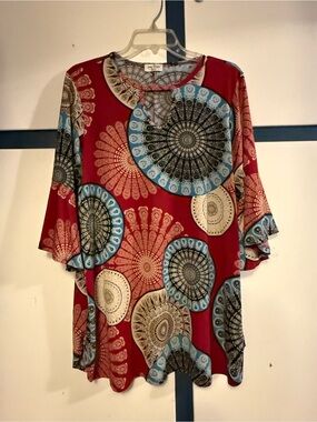 Vintage Boho Red Medallion V-Neck Tunic Top Jenny Boston Large USA